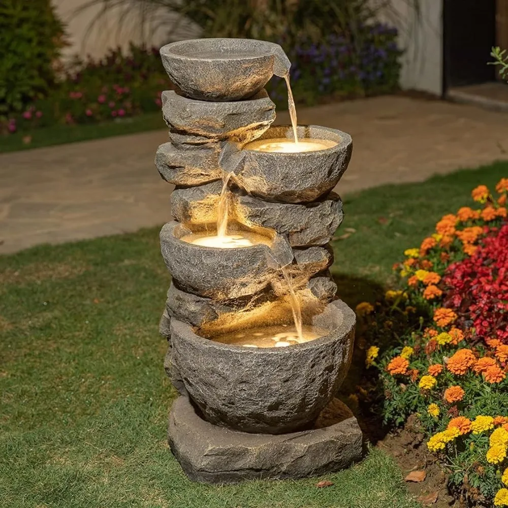 

Polyresin Stone 4-Tiered Bowls Fountain With LED Lights Outdoor Decorative Water Feature Decoration Indoor Fountains Accessories