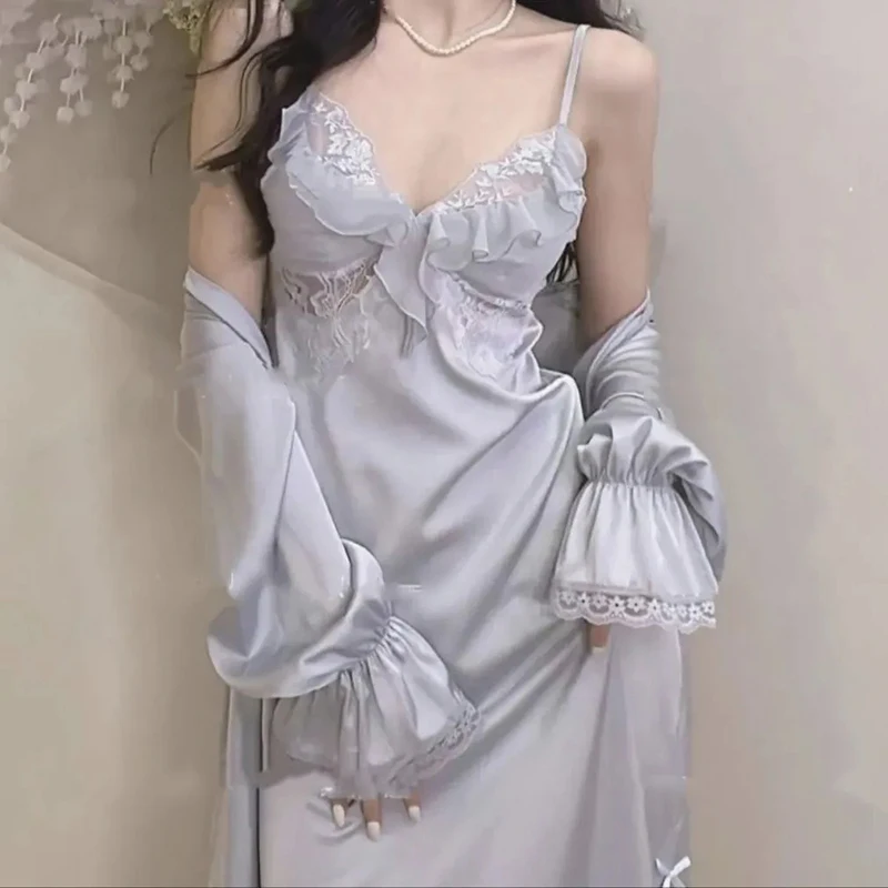 Women'S Summer Bathrobe Set Silk Like Long Sleeve Ladies Sexy Dressing Gown Lace Patchwork Satin Nightgown For Female Sleepwear
Women'S Summer Bathrobe Set Silk Like Long Sleeve Ladies Sexy Dressing Gown Lace Patchwork Satin Nightgown For Female Sleepwear