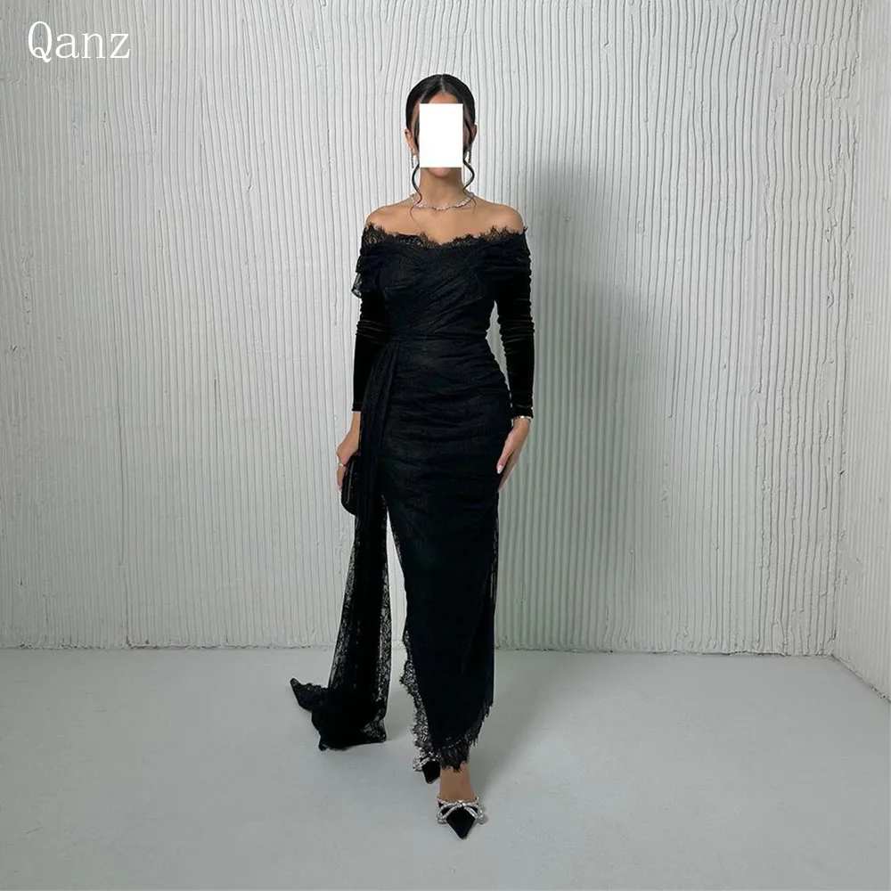 

Qanz Saudi Arabia Black Lace Prom Dresses Off The Shoulder Mermaid Evening Dresses High Slit Long Train Abendkleider Luxus 2024