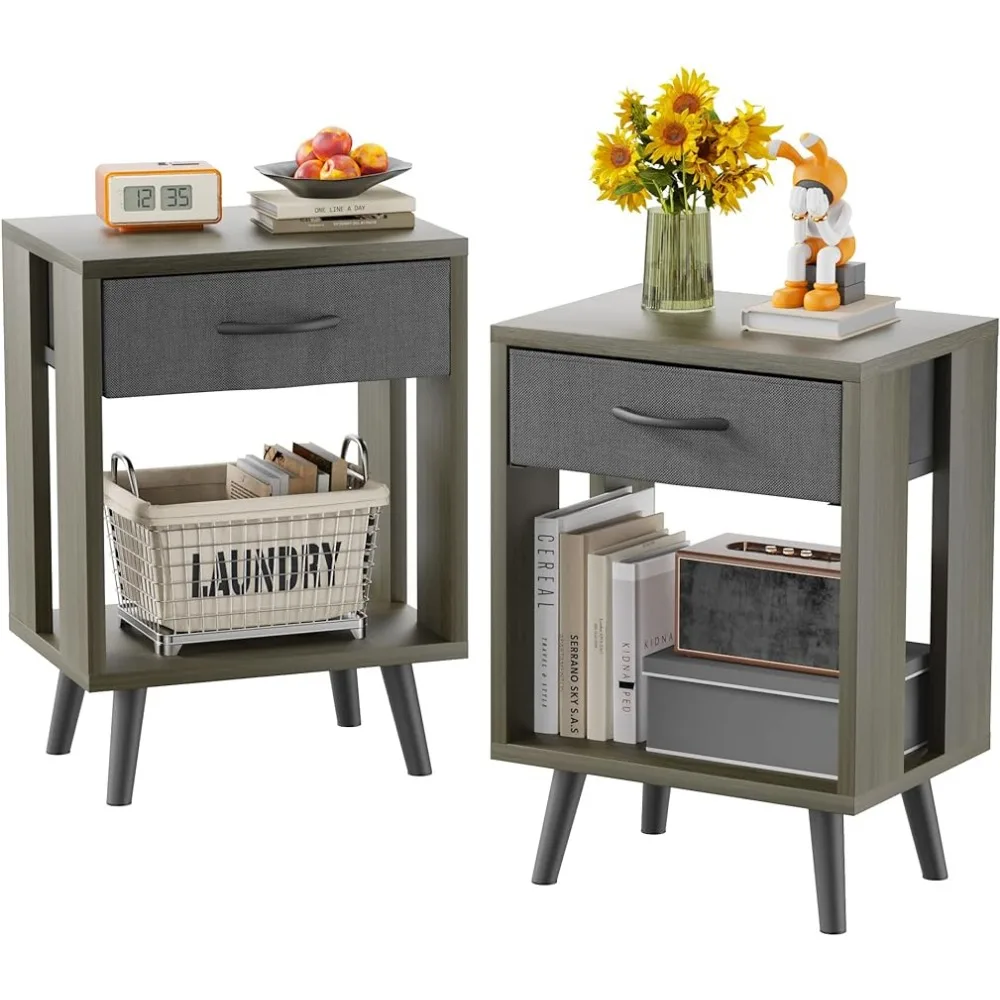 

Side Table Nightstand Set of 2 With Fabric Drawers and Open Shelves - Gray Bedroom Side Tables Auxiliary Tables for Living Rooms