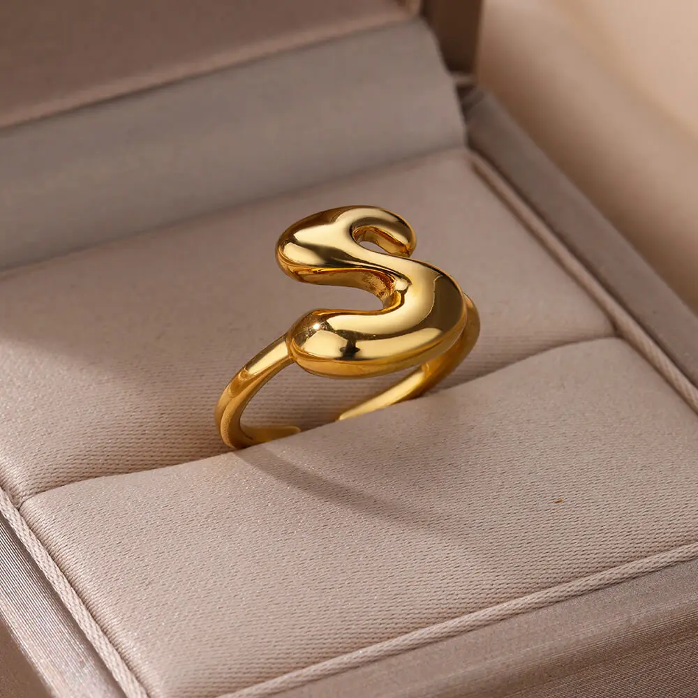 Chunky Initial Letter Ring Gold Stainless Steel Vintage Alphabet Jewelry for Women Chunky Initial Letter Ring Gold Stainless Steel Vintage Alphabet Jewelry for Women
