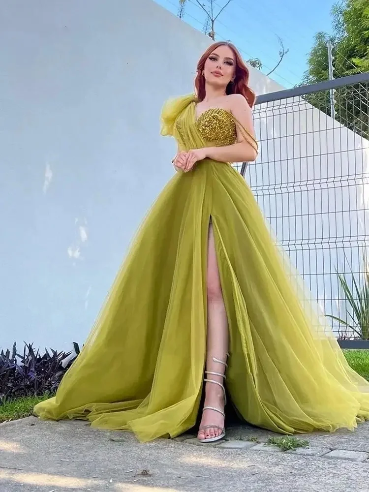 

Elegant green single shoulder sleeved sheer long ball dress with high hem slit evening dress, formal occasion women's dress