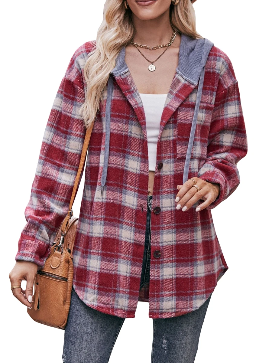 

Women Casual Loose Checked Shacket Long Sleeve Button Down Hooded Fleece Jacket Oversized Tartan Shirts Jacket with Pockets