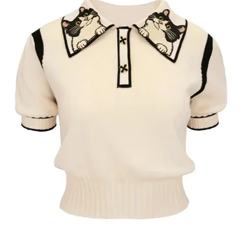 Blusas de malha femininas: uma moda versátil e elegante 13 2024 Summer Stylish Sweater Women Knit T-shirt Pullovers Cat Embroidery Short Sleeve Tees Tops Fashion Chic Ladies Knitwear