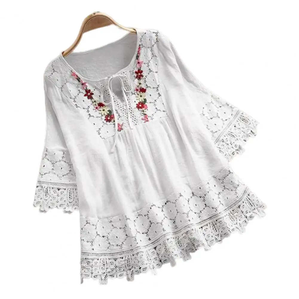 

Casual Shirt Stylish Anti-Pilling Summer Blouse Vintage Lace Patchwork Embroidery Flower Decor Blouse Female Clothes