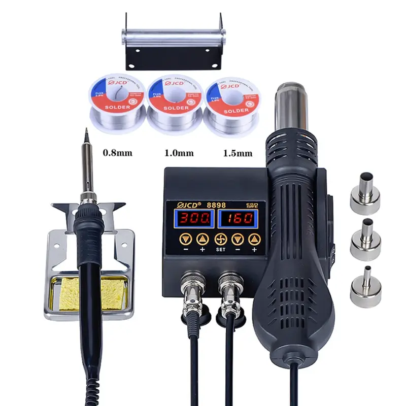 JCD New 8898 220V Soldering Station 2 in 1 Digital LCD Display Rework Station SMD Soldering Iron Hot Air Desoldering-Gun Welding
JCD New 8898 220V Soldering Station 2 in 1 Digital LCD Display Rework Station SMD Soldering Iron Hot Air Desoldering-Gun Welding