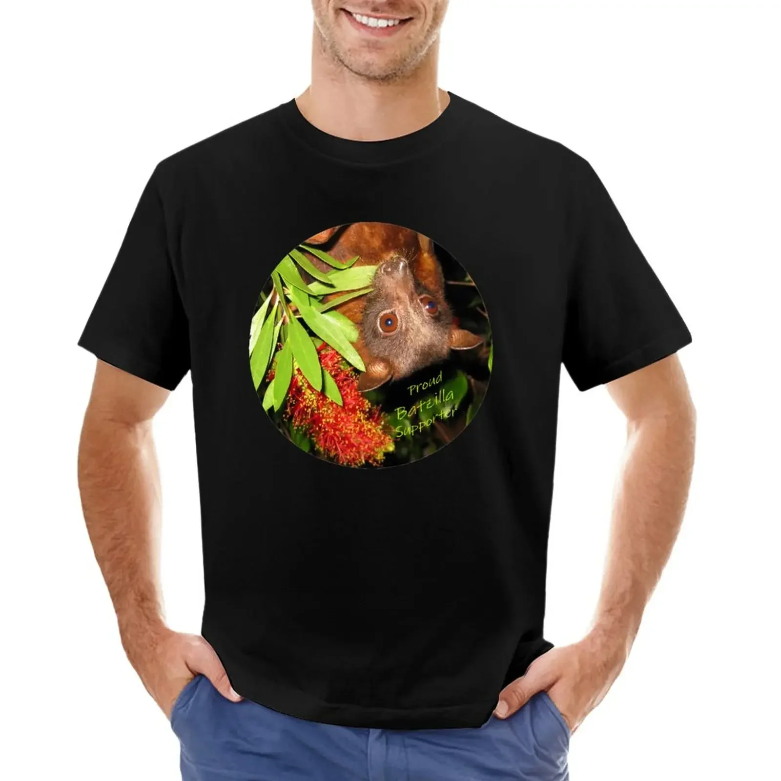 Batzilla - Proud Supporter, flying fox with flower T-Shirt vintage T-shirts for men cotton
Batzilla - Proud Supporter, flying fox with flower T-Shirt vintage T-shirts for men cotton