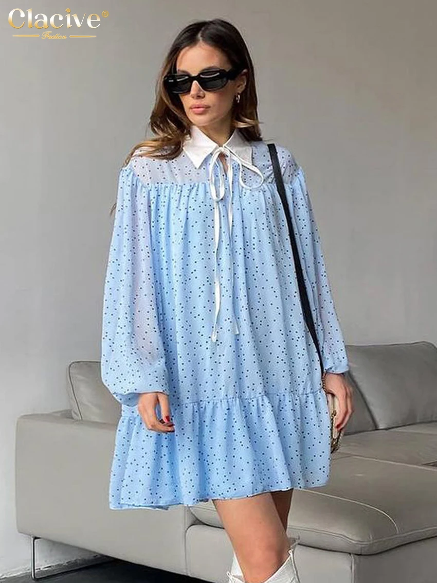 

Повседневное свободное женское платье Clacive с принтом 2024, модные мини-платья с отворотом и длинным рукавом, элегантное классическое Плиссированное женское платье на шнуровке