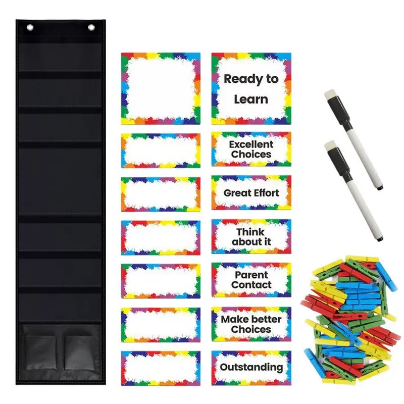 

Kids Behavior Chart Students Reward Pocket Chart For Classroom Dangling Bulletin Board With Wooden Clips Multifunctional