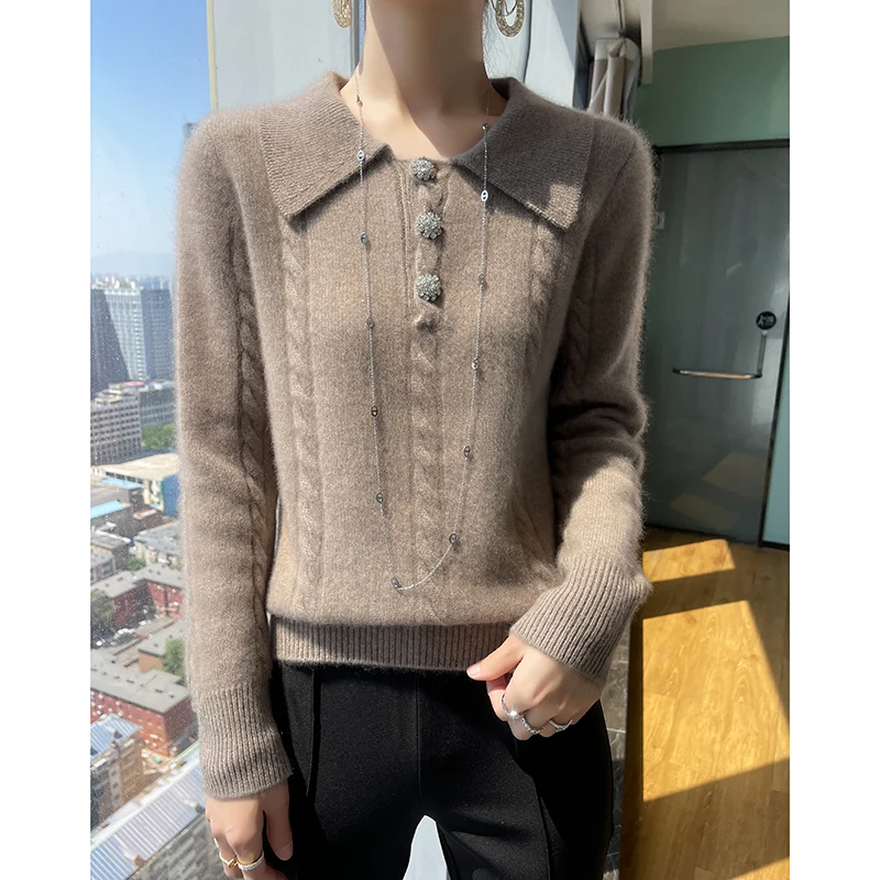 

100% Merino Wool POLO Pullover For Women's AutumnWinter Long Sleeved Solid Color Warm High-Quality Thickened Knit Jumper Sweater