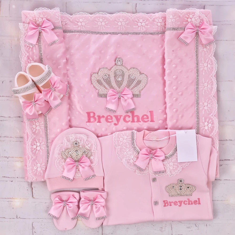 

5pcs Baby Girl Newborn Jewels Layette Gift Set Handmade Precious Nursery Hospital Receiving Blanket Embroidery Name Romper Set