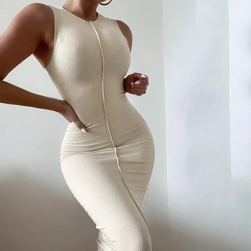 

2024 Summer New Solid Color Knitted Round Collar Sleeveless Sundress Women Sexy Bodycon Ribbed Wrap Solid Midi Dress Streetwear