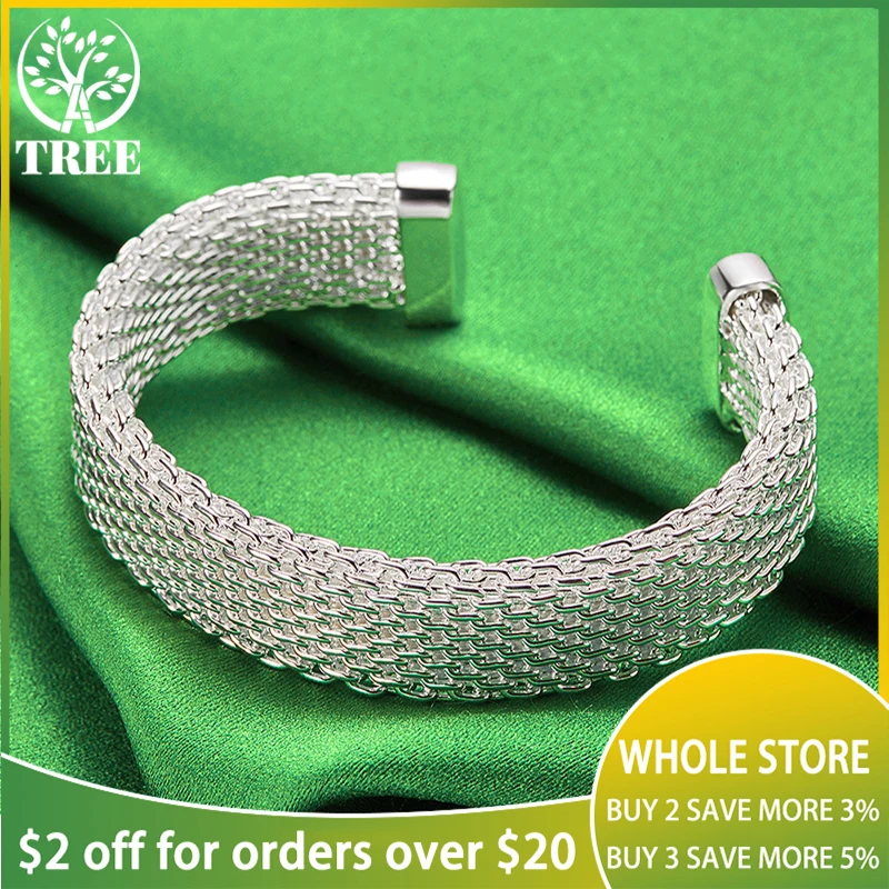 

ALITREE 925 Sterling Silver 10mm Wide Mesh Opening Bangle Bracelet For Woman Party Wedding Engagement Fashion Jewelry Lady Gifts
