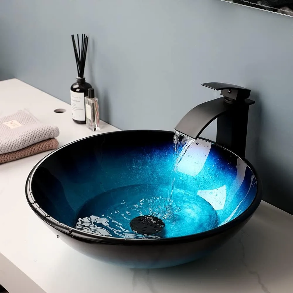 

Blue Bathroom Sinks Balck Glass Vessel Sinks for Bathroom Countertop Round Vanity Sink Bowl Combos Black Mixer Faucet Washbasins