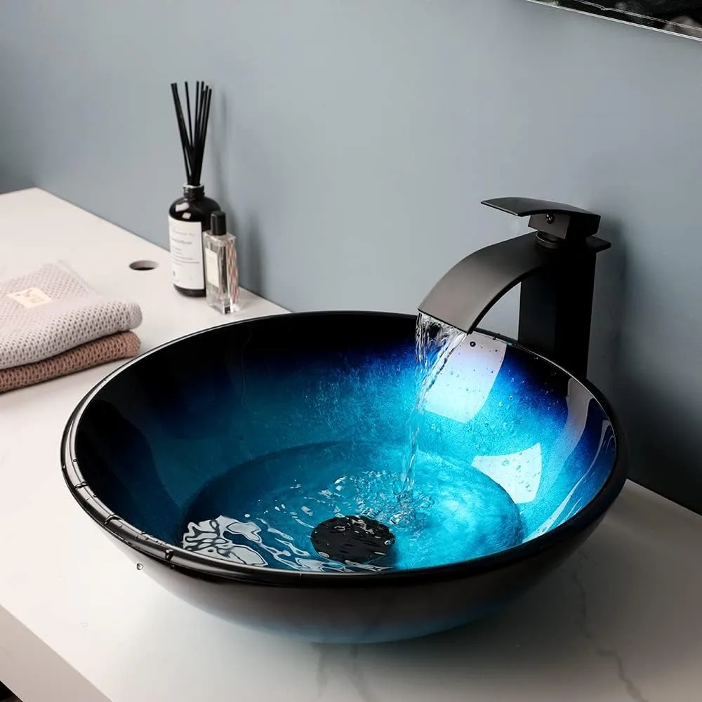 Blue Bathroom Sinks Balck Glass Vessel Sinks for Bathroom Countertop Round Vanity Sink Bowl Combos Black Mixer Faucet Washbasins
Blue Bathroom Sinks Balck Glass Vessel Sinks for Bathroom Countertop Round Vanity Sink Bowl Combos Black Mixer Faucet Washbasins