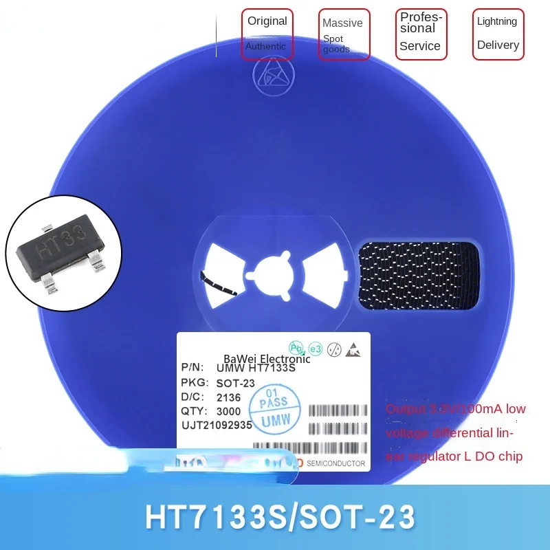 

HT7133S SOT-23 output 3.3V/100mA low dropout linear regulator LDO chip 5pcs