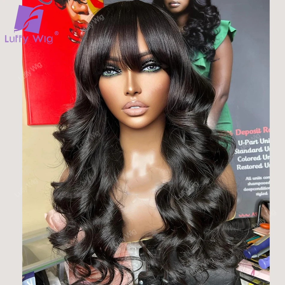 

Long Wavy Wig Human Hair With Bangs Brazilian Remy O Scalp Top Wigs Full 200 Density Glueless Wigs For Black Women Luffy