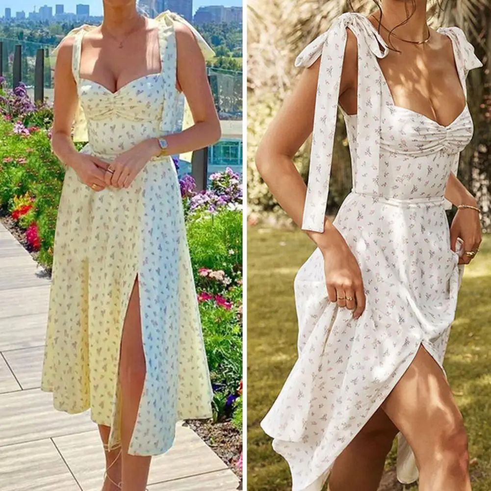 

Bottoming Slit Dress Elegant Floral Print Lace-up Midi Dress with Split Hem Low-cut V Neck for Women for Summer Vacation