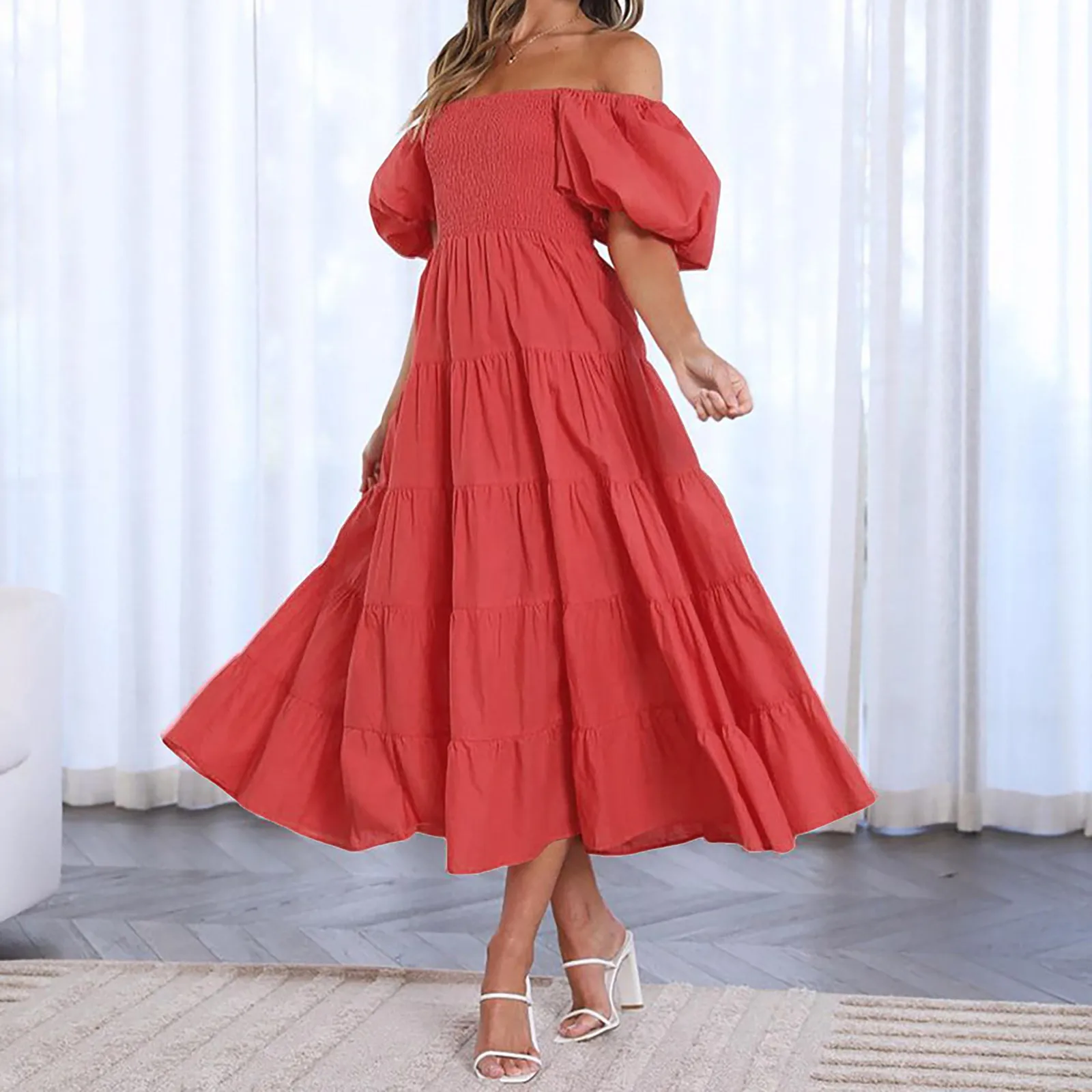 Womens Dress Solid Color Fashion Loose One Line Neck Short Bubble Sleeve Mid Length 2024 Summer New Design Elegant Dress
Womens Dress Solid Color Fashion Loose One Line Neck Short Bubble Sleeve Mid Length 2024 Summer New Design Elegant Dress