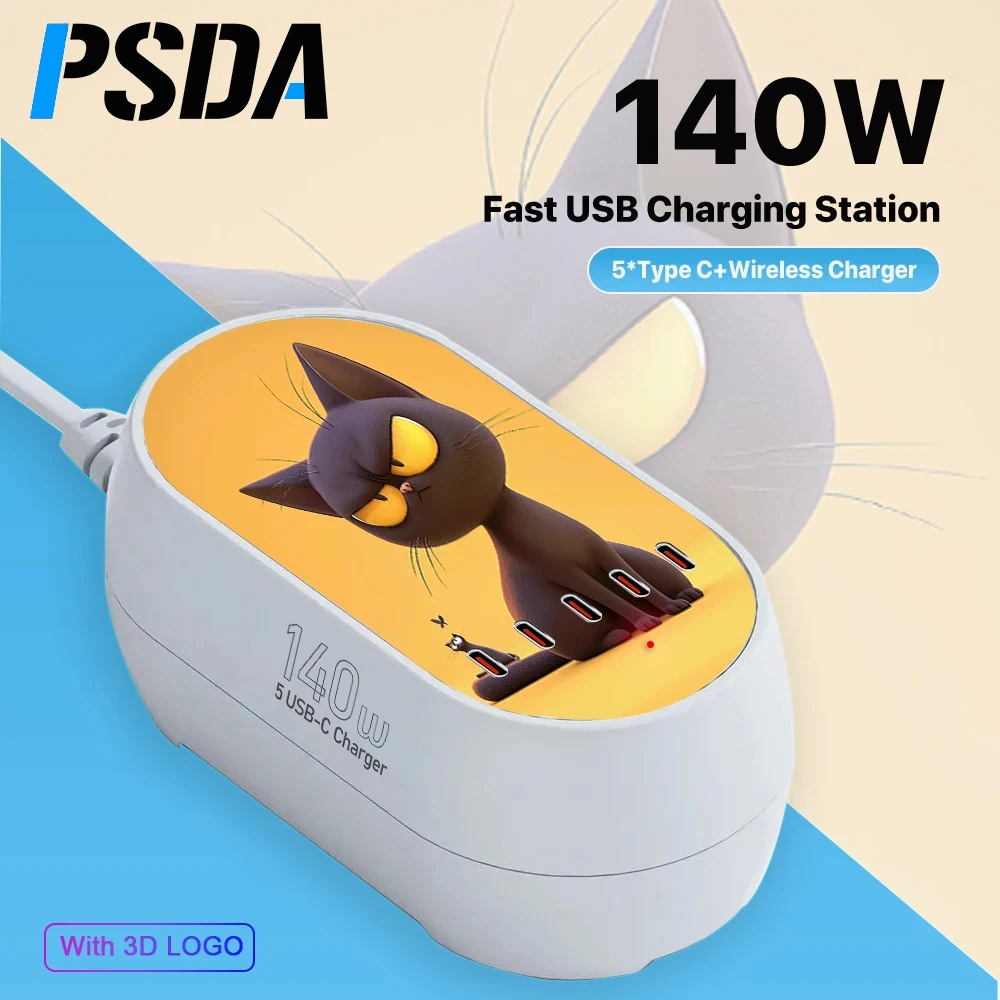 

PSDA 3D 6 in 1 140W GaN PD100W 30W Charging Adapters Support 15W Wireless for Laptops Phone Earphones