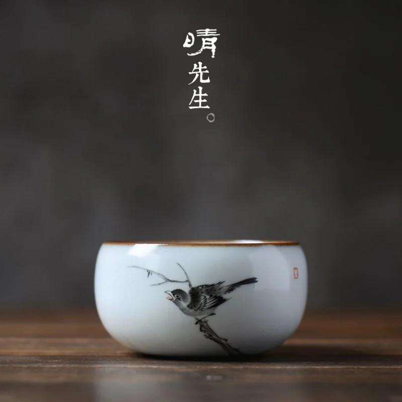 

★Jingdezhen Handmade Hand-Painted Kung Fu Tea Cup Ru Ware Natural Crack Tea Cup Porcelain Master Single Cup Large Size