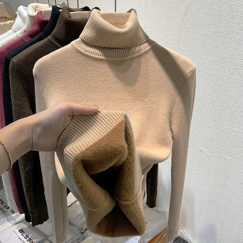 

2023 Autumn Winter New High Necked Sweater Women Plush Thickened Pullover Integrated Mink Velvet Inner Knit Top Bottoming Shirt