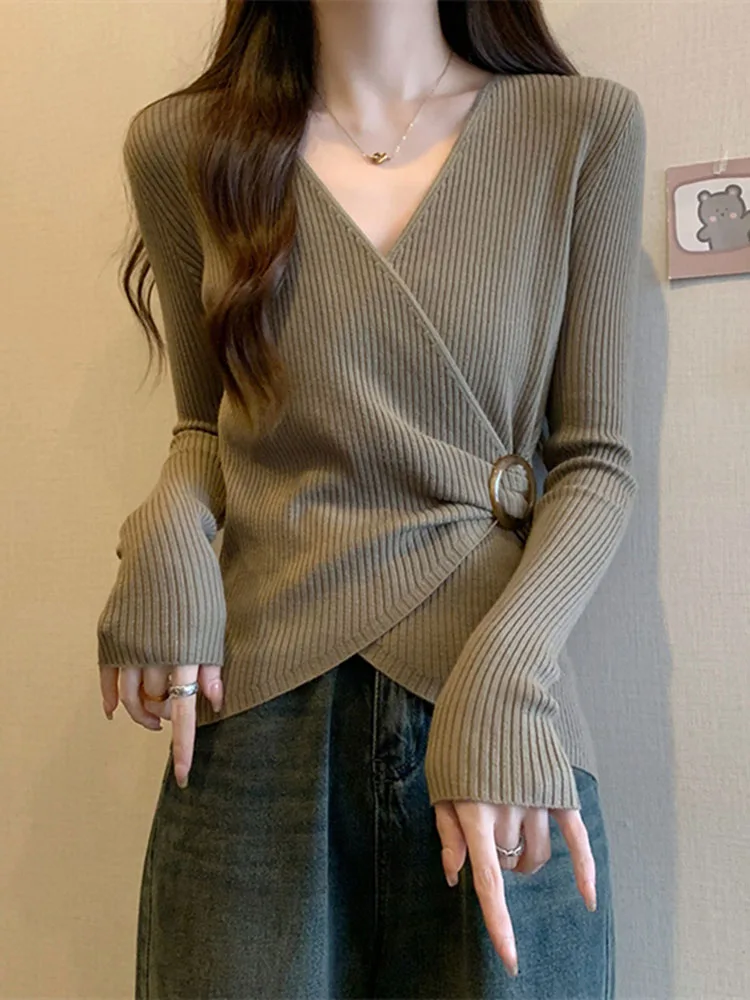 

Spring Autumn Slim Fit Waist Short Knit Sweater For Women V-Neck Long Sleeve Criss-cross Pullovers Chic Female Bottoming Shirt
