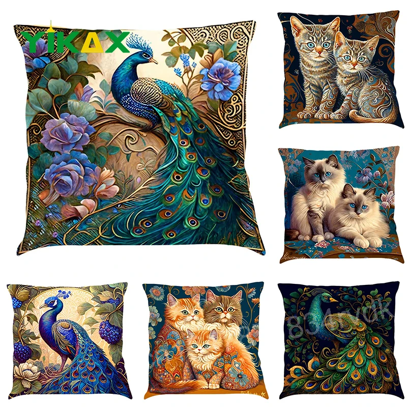 

Nordic Style Oil Painting Peacock Cushion Cover 45x45cm Polyester Peach Skin Sofa Cushion Cover Home Decoration Pillowcase