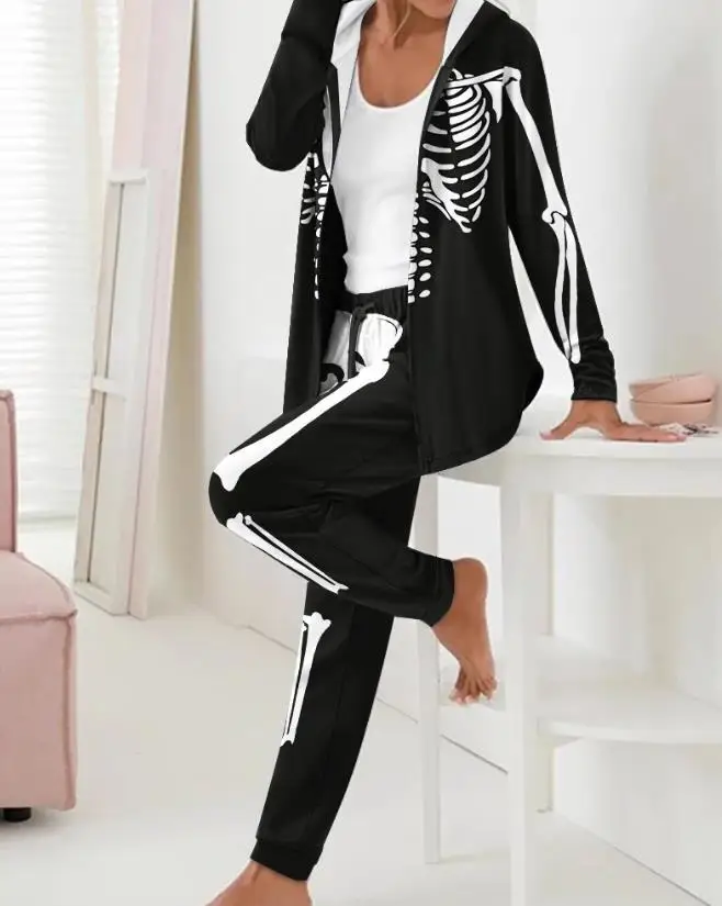 

Комплект из двух предметов, женская одежда, осень 2023, модный топ с капюшоном и длинным рукавом с принтом скелета на Хэллоуин и повседневные брюки на шнуровке
