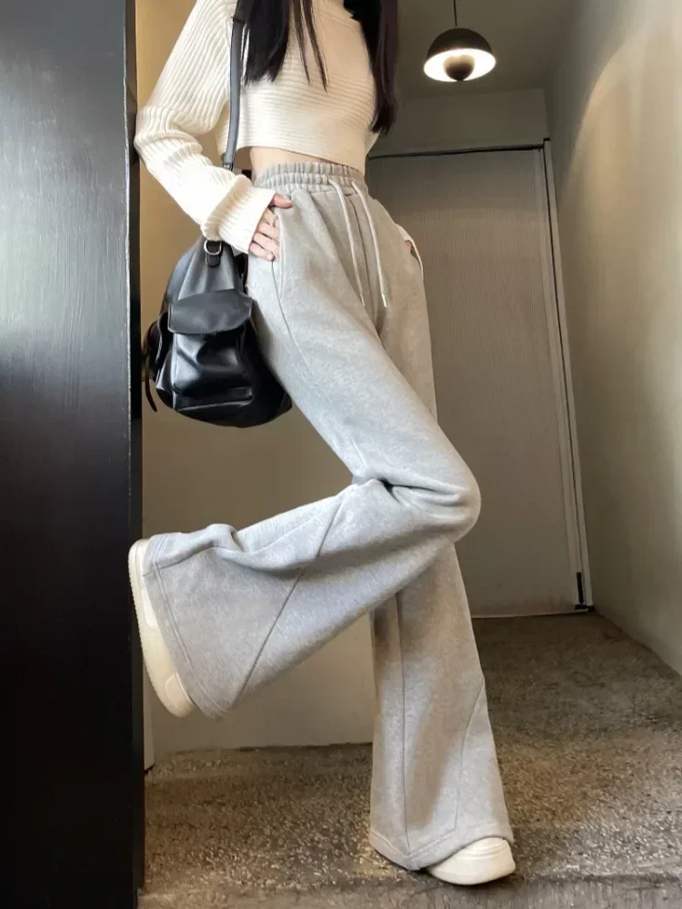 

Deeptown Korean Style Grey Brushed Pants Women Gyaru Kpop Wide Leg Flared Sweatpants Y2k American Retro Oversize Jogger Trousers