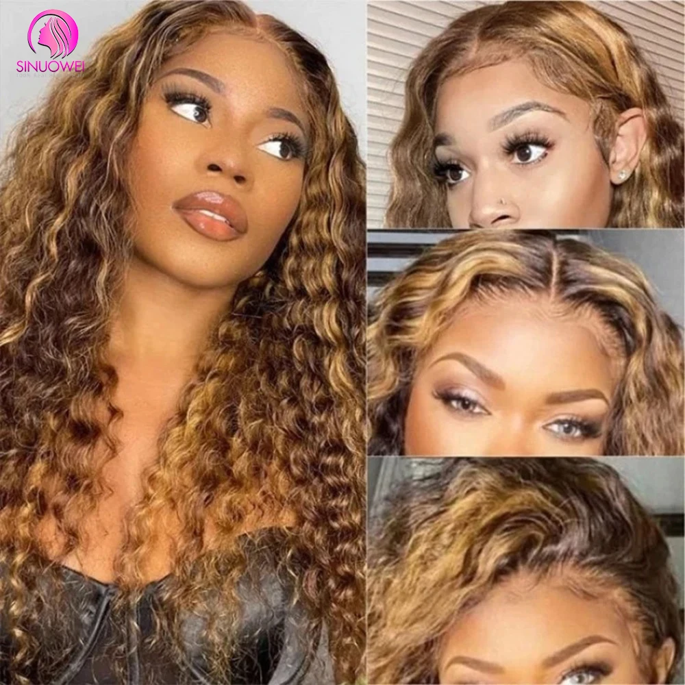 

4/27 Water Wave Wig 13x4 Highlight Ombre Lace Frontal Wig 32 Inches Curly Human Hair Wigs 4x4 Lace Closure Wigs For Women 180%