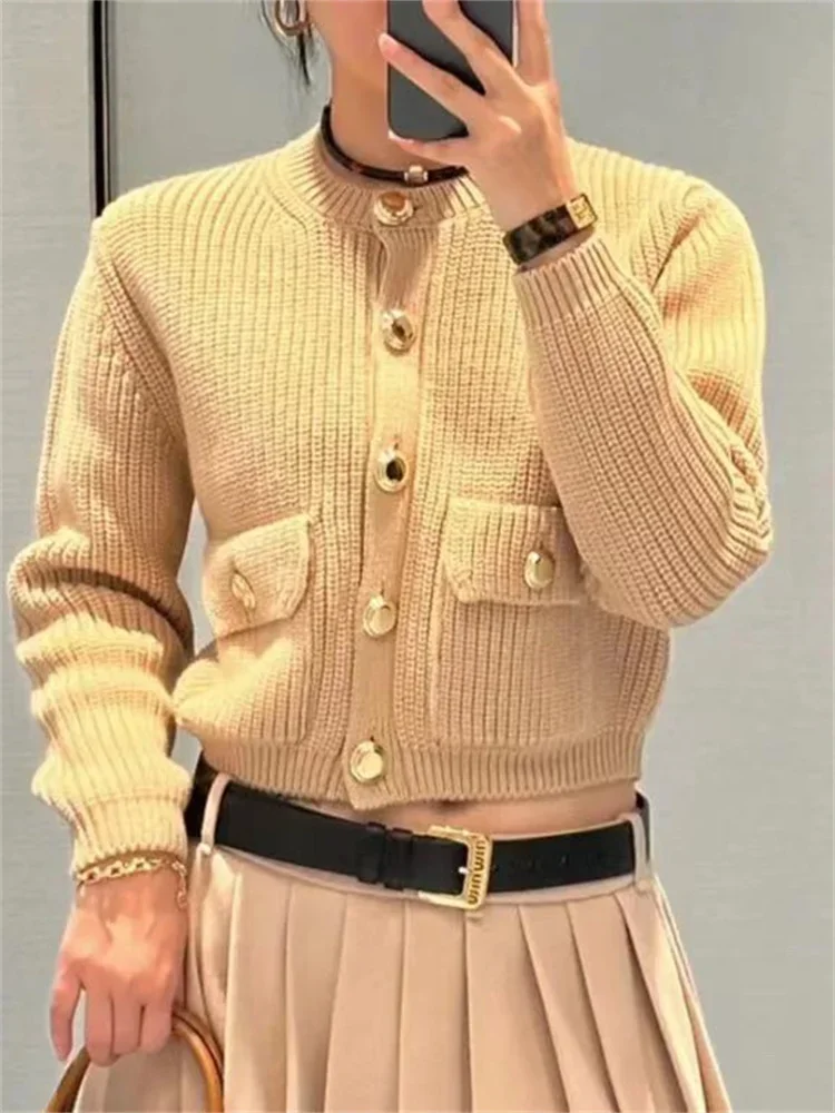 

Женский вязаный кардиган с круглым вырезом, однобортный новый простой универсальный короткий свитер с карманами для осени и зимы