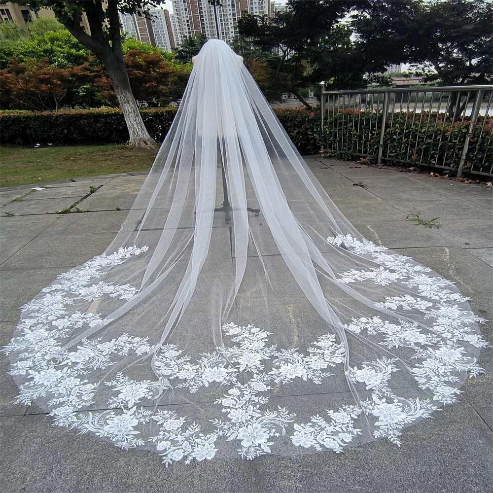 

Real Photos Lace Wedding Veil One Layer 3.5 Meters Long Bridal Veil with Comb 1 Tier 3.5M Velos De Novia Wedding Accessories