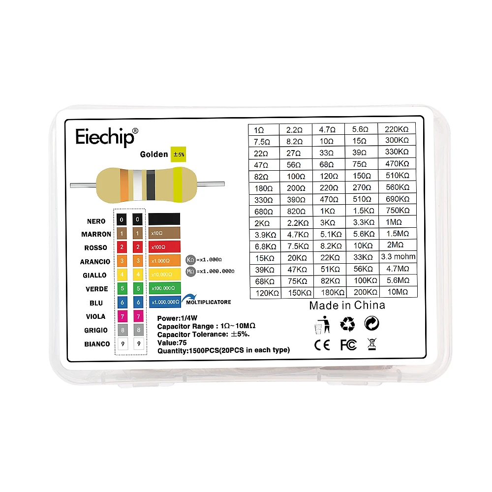 1500Pcs 1/4W Carbon Film Resistor Assortment Kit Box, Resistance Range 1ohm~10m, for DIY Electronic, 75 Values Set of Resistors
1500Pcs 1/4W Carbon Film Resistor Assortment Kit Box, Resistance Range 1ohm~10m, for DIY Electronic, 75 Values Set of Resistors