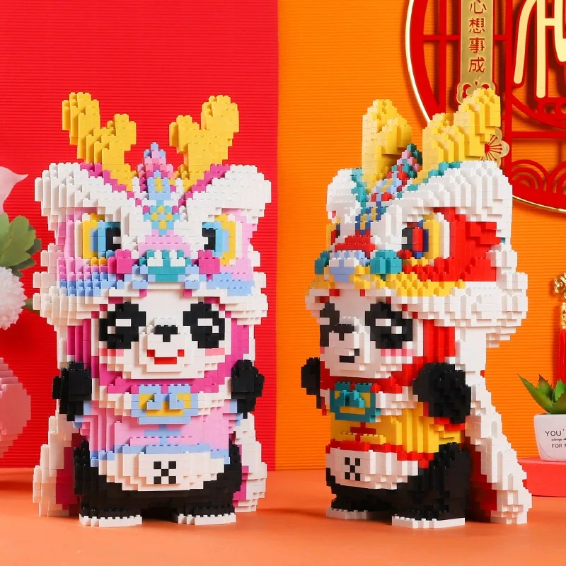 

Micro Block Lion Dance Panda Brick Creative DIY 3D Cartoon Kawaii Model Building Blocks Figure Toys For Kids Birthday Gift