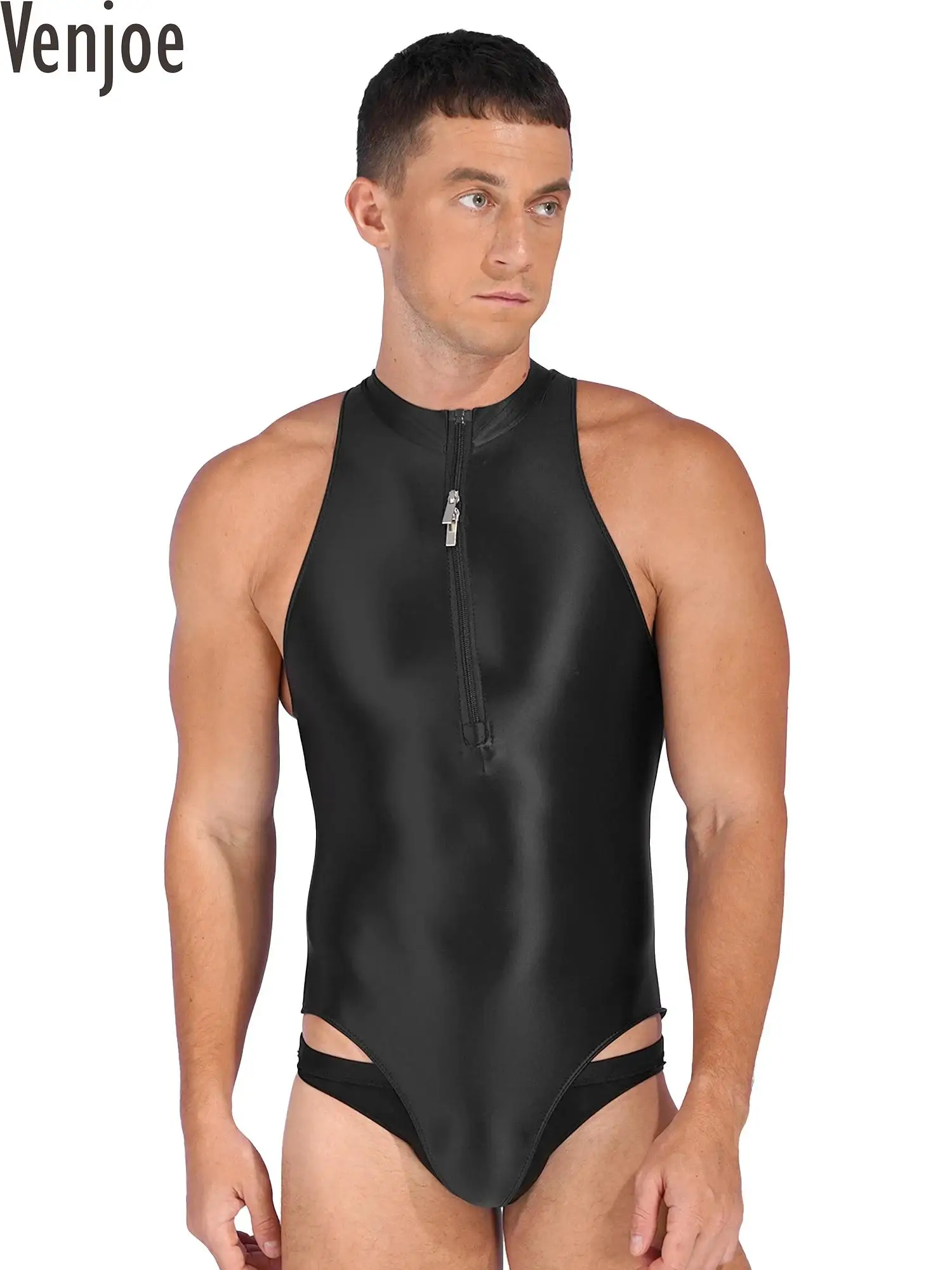 

Mens Oil Glossy Sleeveless Bodysuit One Piece Swimsuit Solid Color Double Zipper High Cut Leotard Swimwear Lingerie Nightwear