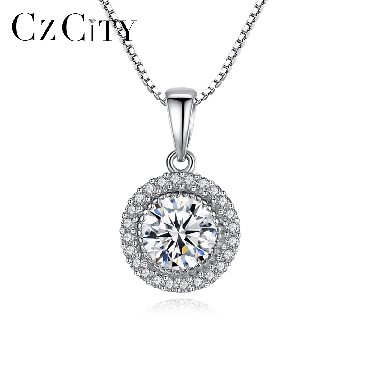 

CZCITY Cubic Zirconia Halo Silver Pendant 925 Sterling Classic Tiny CZ Round Pendants Chain Necklace For Women Fine Jewellery