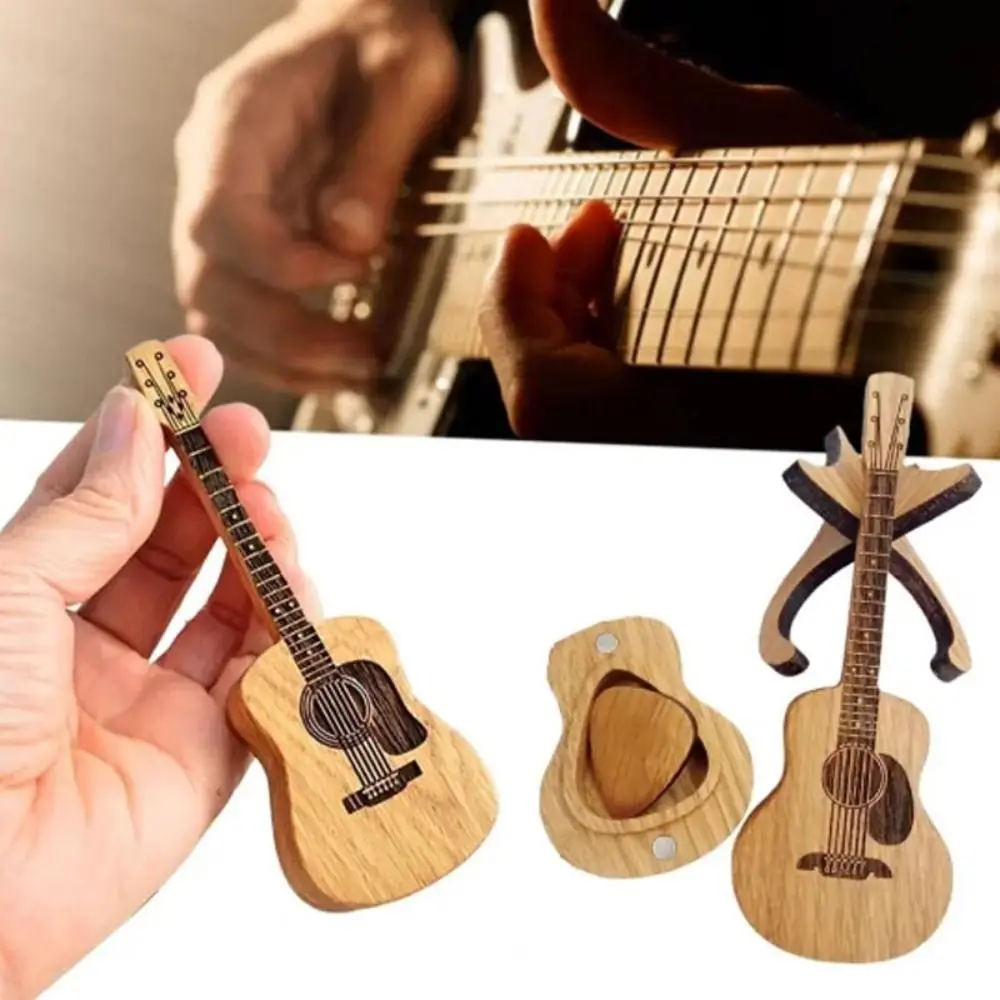 

Wooden Acoustic Guitar Pick Box Gift with Stand Guitar Plectrums Gift Box Guitar Shape Storage Box Guitar Picks