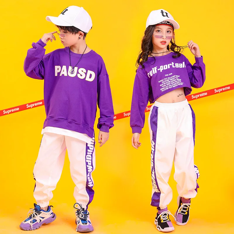 

Boy Girl Hip Hop Sweatshirt 2 Pcs Set Crop Top Kids Streetwear Sport Jogger Pant Outfits Teen Children Jazz Street Dance Clothes