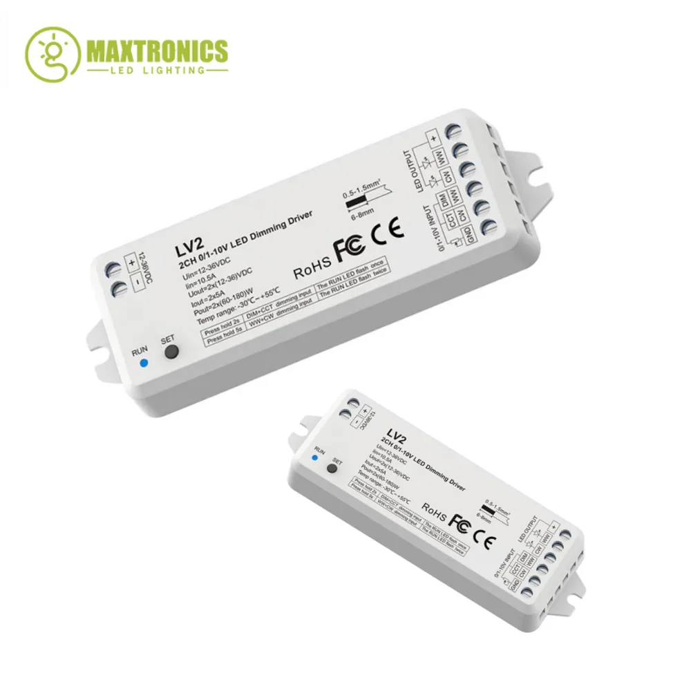 

0/1-10V CV LED Dimming Driver 10A*2CH CCT Dimmer PWM Constant Voltage LV2 For Dual Color Temperature LED Strip Light 12-36VDC