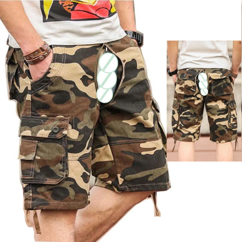 

Summer Invisible Open Crotch Outdoor Sex Camouflage Men Cargo Shorts Cotton Casual Pants Beach Pants with Pockets Men's Clothing