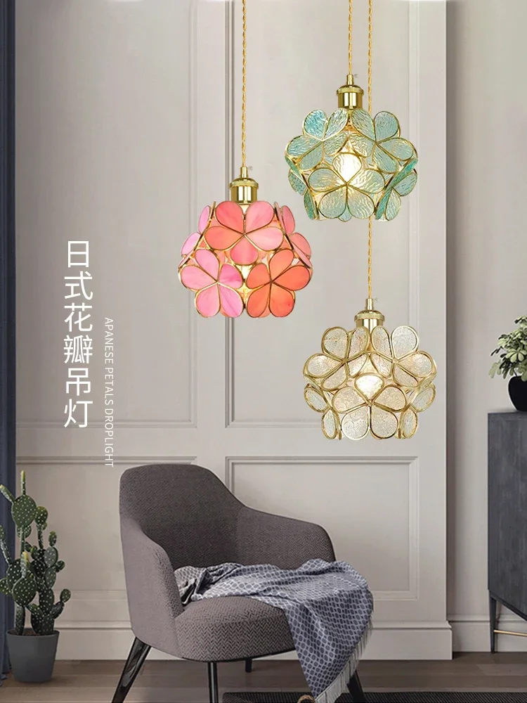 

Japanese Style Brass Glass Petal Restaurant and Cafe Chandelier Simple and Cozy Children's Room Bedroom Bedside Lamp Creative
