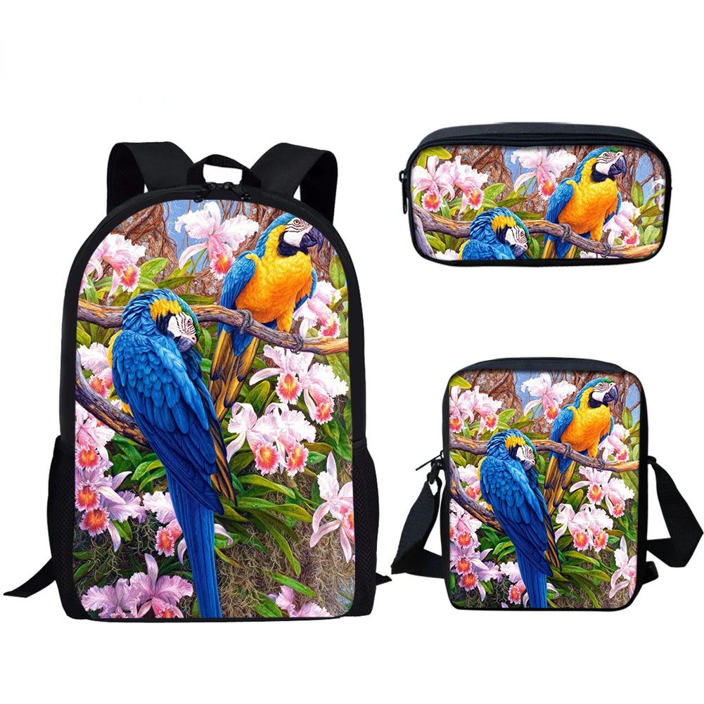 

Colorful Parrot Printing Kids Girls Large Capacity Backpack 3PCS Women Bird Pattern Travel Backbag Sets Teenager School Bags