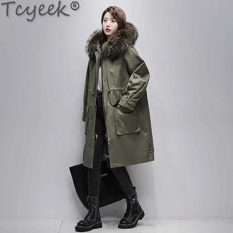 

Tcyeek Women's Parka 2023 Winter Rex Rabbit Fur Liner Coat Warm Raccoon Fur Collar Korean Fashion Fur Jacket Women Clothes Loose
