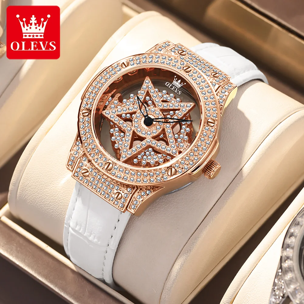 

OLEVS Luxury Ladies Watch Women 360° Rotate Snow Star Dial Waterproof Leather Strap Women Wrist Watches Jewelry Clocks 9938