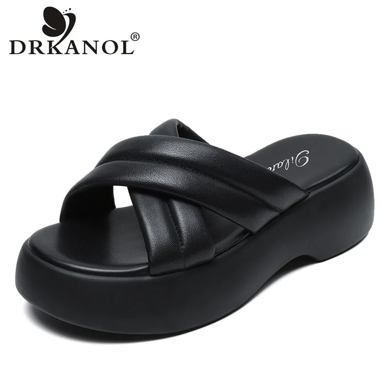 

DRKANOL Concise Women Chunky Platform Slippers Summer Outside Casual Slides Cross Genuine Leather Open Toe Wedges Heel Slippers