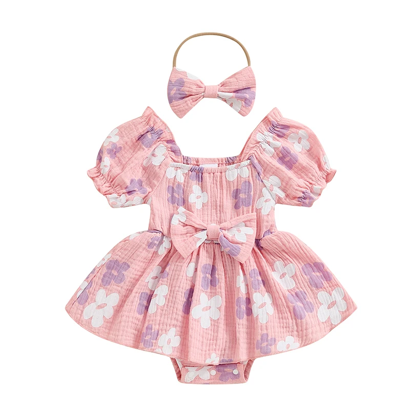 

Baby Girls Rompers Dress Flower Print Bowknot Short Sleeve Skirt Hem Infant Bodysuits Summer Clothes with Headband