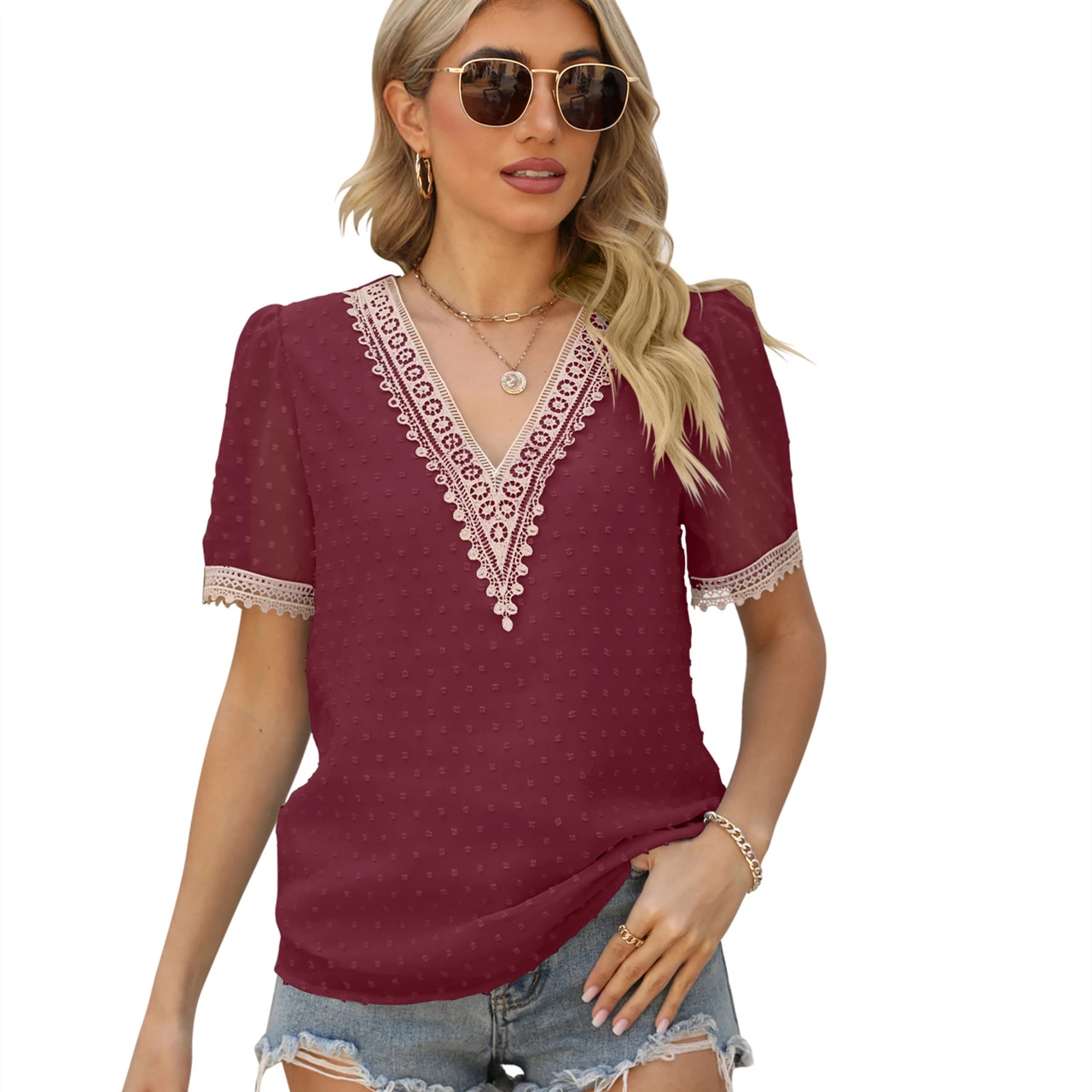 Fashion Loose V-Neck Blouse Jacquard Blouse Women Chiffon Lace Shirts Summer Short Sleeve Elegant Casual Tops Blusas
Fashion Loose V-Neck Blouse Jacquard Blouse Women Chiffon Lace Shirts Summer Short Sleeve Elegant Casual Tops Blusas