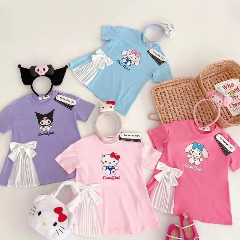 

Sanrios Hello Kitty Kids Dress Cinnamoroll Kuromi My Melody Cartoon Summer T-Shirt Cute Casual Outdoor Skirt Anime Girl Gift