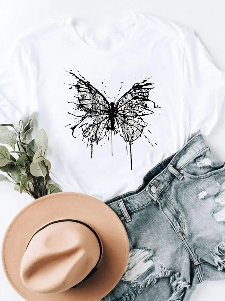 

Летняя одежда с коротким рукавом, футболка женская повседневная с графическим рисунком, акварельная футболка с милым Рисунком бабочки, женская одежда, модная одежда с принтом